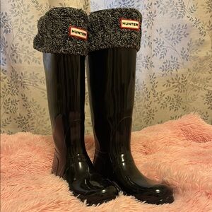 Hunter Black Tall Rain Boots with Knit Cuffs Sz 9